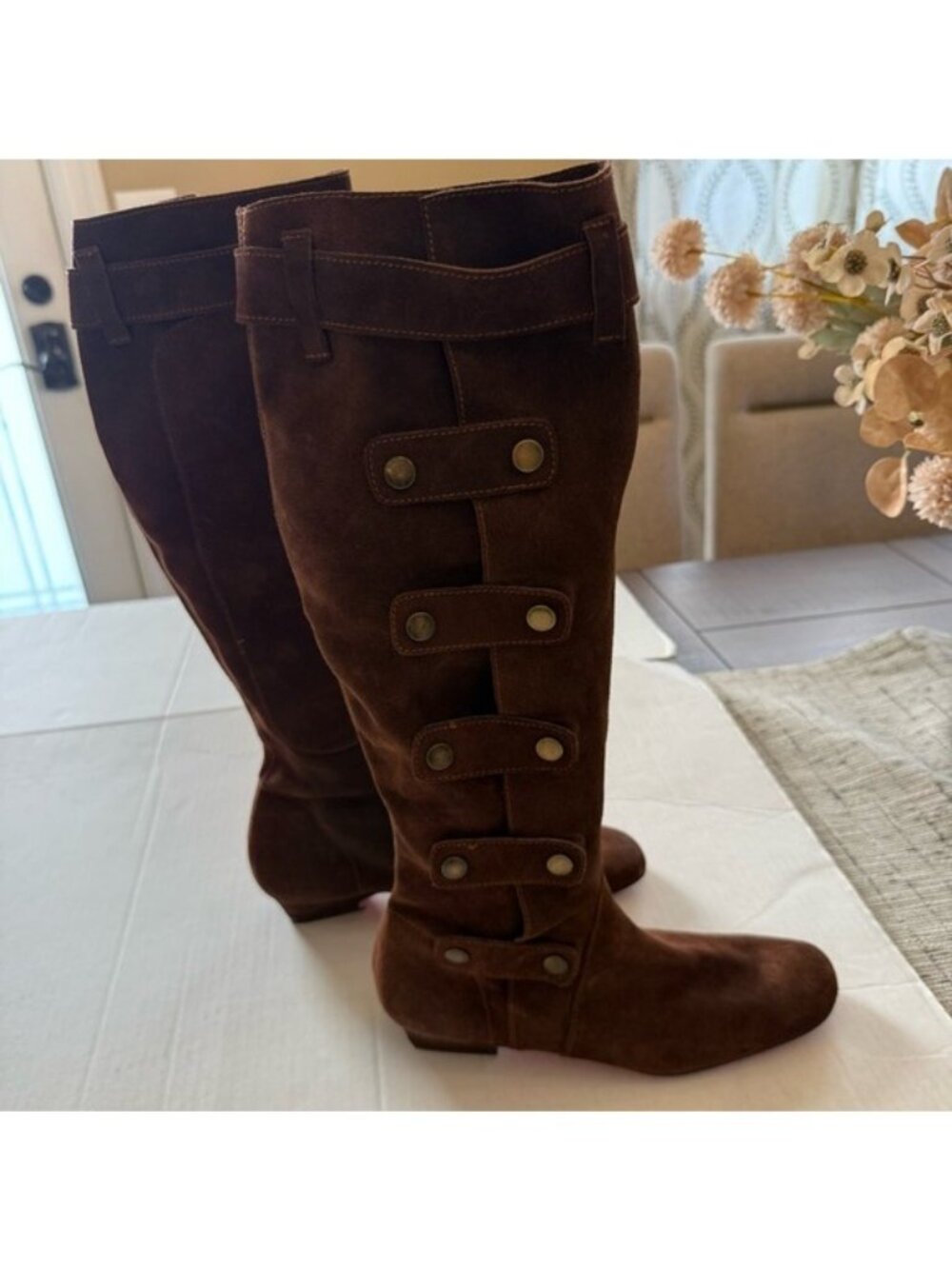 The Jackson Twins Brown Suede Button Strap Knee High Boots Women’s 38 Red Sole